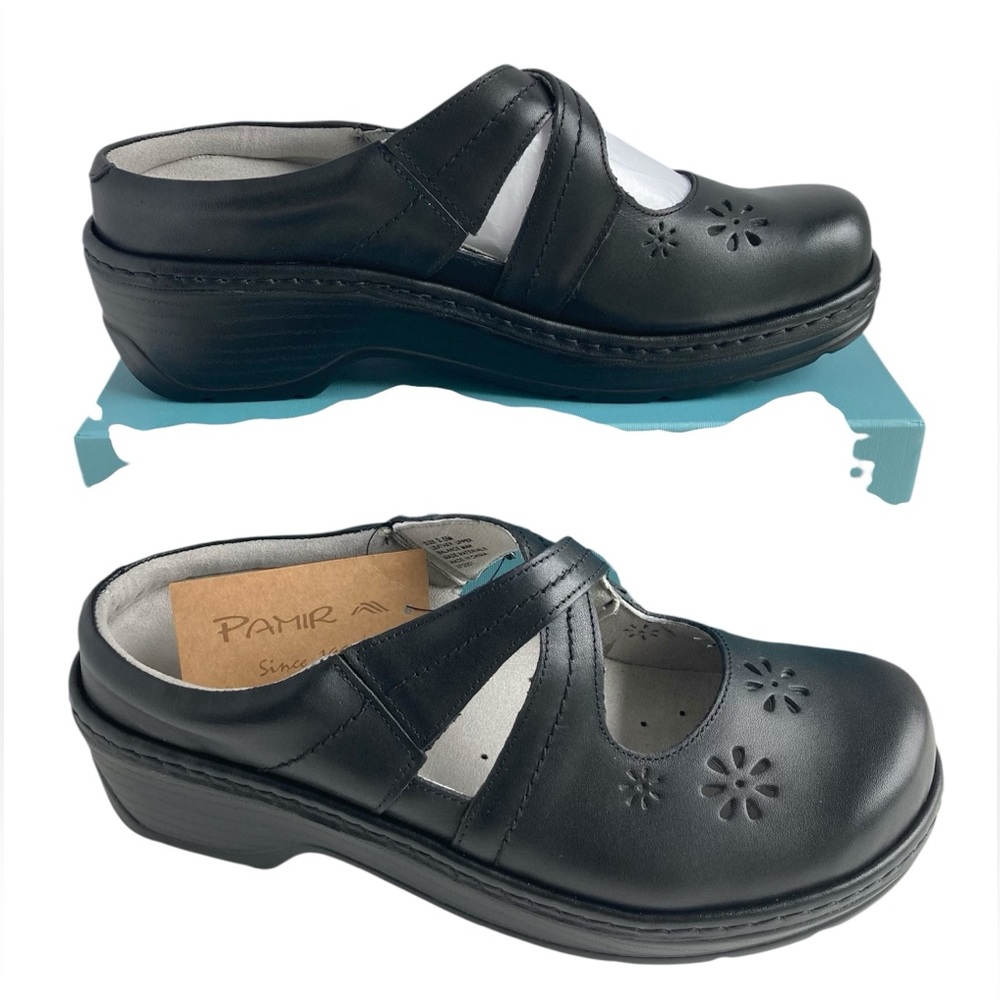 NWT Pamir Women’s 9.5 Black Leather Shoes Clogs Slip One Comfort